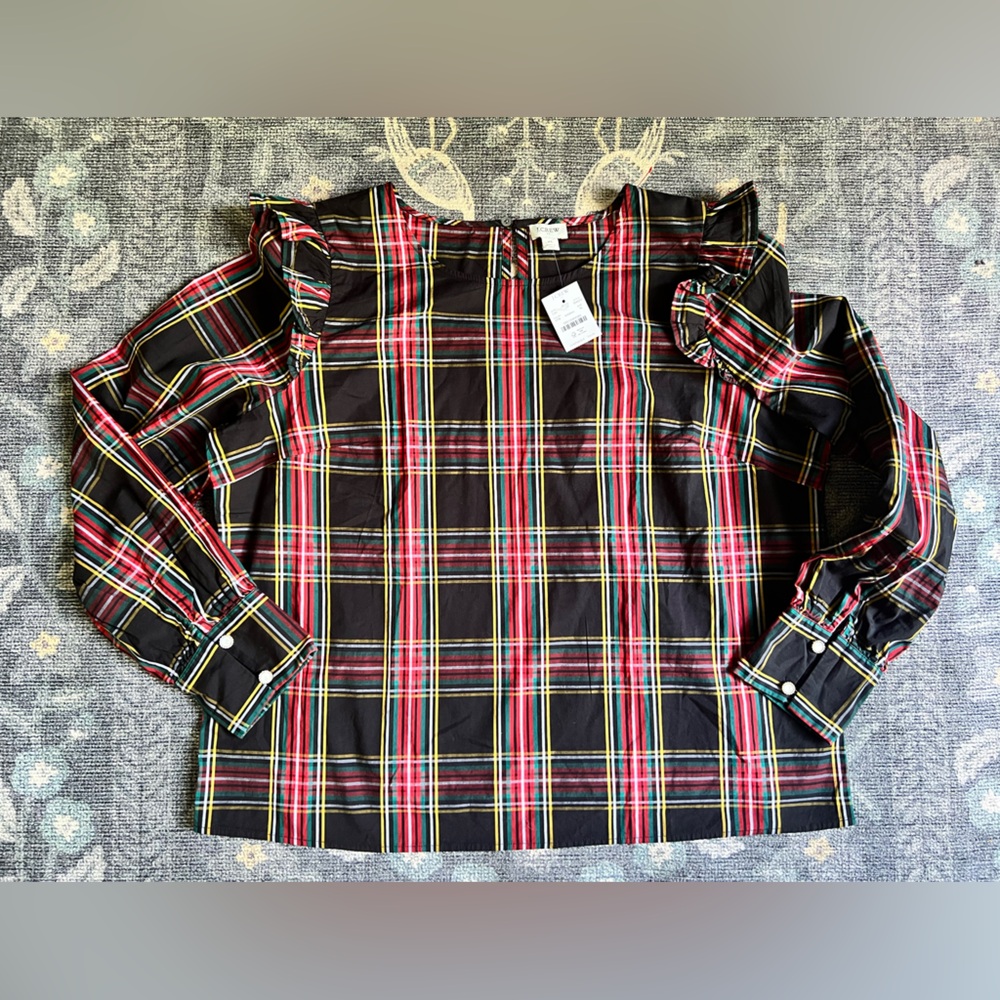 Re-Imagined by J. Crew plaid cotton ruffle shoulder long sleeve top